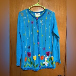 🌷 Vintage Easter‎ Cardigan Blue Floral Spring Sweater Whimsical grandma small